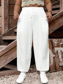 EMERY ROSE Quần dài thường ngày buộc túi màu trơn cỡ lớn cho nữ - trắng - Xem 4