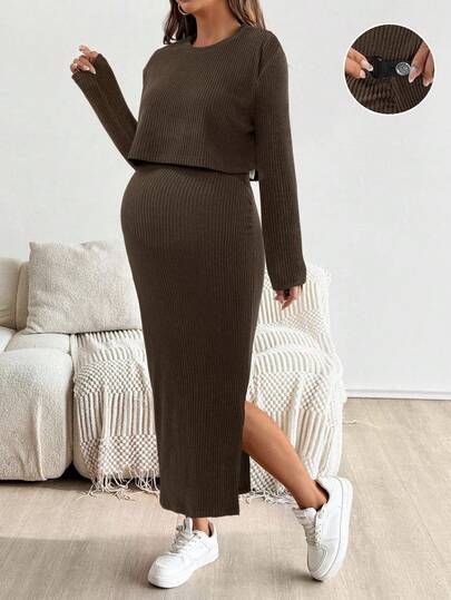 SHEIN Maternity Solid Color Round Neck Long Sleeve Top And Skirt 2 Pieces Set Maternity Two Pieces Set Knit Two Pieces Set Brown Two Pieces Set Women 2 Pieces Skirt Set Women Ribbed Two Pieces Set