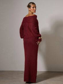 Women's Elegant Off Shoulder Long Sleeve Sweater And Knitted Midi Skirt 2 Pieces Set, Suitable For Daily Commute, Autumn/Winter Christmas 2 Piece Sets - Red - View 2
