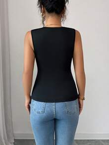 Elenzga Women's Elegant Thick V-Neck Contrast Color Lace Camisole, Casual Versatile Layering Piece For Daily Wear, Autumn/Winter - Black - View 2