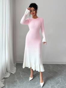 Elenzga Đầm len midi dáng ôm dáng thời trang thanh lịch, sang trọng, thiết kế độc đáo, cổ tròn ombre, viền bèo nhún, dành cho nữ, mặc đi chơi, hẹn hò, đi làm, đi tiệc, thu đông - Hồng - Xem 7