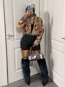 BamGleam Animal Print Cropped Stand Collar Jacket - Brown - View 5