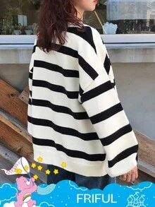 SHEIN X Care Bears FRIFUL 女式 V 领宽松条纹落肩宽松刺绣纽扣前开衫 - 黑與白 - 查看 4