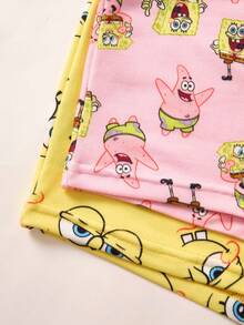 SpongeBob SquarePants | SHEIN 4pcs TPink & Yellow Cute Cartoon Print Cami Top & Shorts Lingerie Undershirt Set , Kawaii,Y2K,Cute,Sweet Fall Winter Girls Cute Set