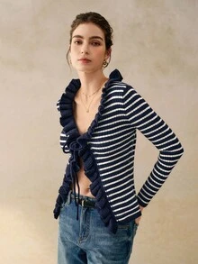 Cévolie 女士秋季系带条纹荷叶边开衫 - 彩色 - 查看 4