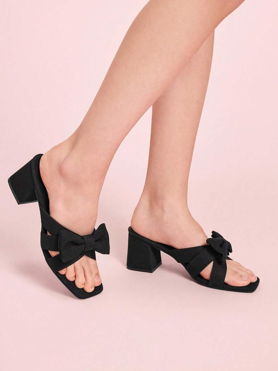 CUCCOO DOLLMOD Women's Elegant Commuter Square Toe Thick Heel Black Bow Sandals - Black - View 1