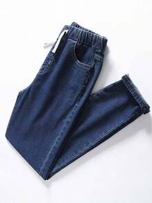 SHEIN Mirajuku Young Boy Elastic Waist Drawstring All-Match Simple Versatile Comfortable Stretchy Slim Fit Light Grey Casual Jeans Fall Winter