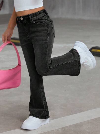 SHEIN Young Girl Y2K Retro Blue Denim Elastic Skinny Flare Pants,Girl Fall And Winter Clothes, Gray Jeans For Teen Girls, Girls Bell Bottom Jeans