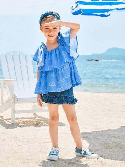 Joliand Joliand 1pc Young Girl Stylish Urban Knotted Blue Pattern Loose Blouse, Suitable For Casual, Daily, Outing, Home, Beach, Summer