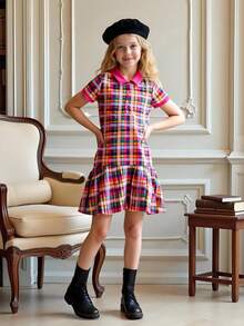 Joliand Joliand 1pc Tween Girls Pink And Yellow Plaid Dress,Summer Cute Preppy Style Polo Collar Short Sleeve Shirt Dress For Back-To-School,Daily Wear & Party School - Multicolor - View 8