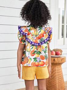 SHEIN 2pcs Young Girl Tropical Fruit Pattern Ruffle Collar Short Sleeve Top & Shorts Set,Elegant Summer,Matching,Family Vacation,Holiday Outfits For Party - Multicolor - View 8