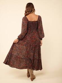 Coeurva Paisley Print Sweetheart Neck Lantern Sleeve Ruffle Hem Dress - Brown - View 5