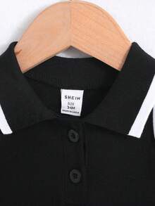 SHEIN Baby Girl Striped Sleeveless Dress With Ruffled Collar For Summer - Black - View 5