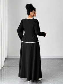 Elenzga Koszula i spódnica damska w dużym rozmiarze z kwadratowym kołnierzykiem i długim rękawem, 2 sztuki, swobodny i stylowy - Czarne i Białe - Zobacz 2