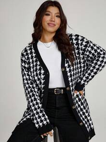 Comfylo Plus Size Casual Houndstooth Pattern Cardigan, Suitable For Work And Leisure, Autumn/Winter Button Up Cardigan Black And White Cardigan, Fall Winter Going Out