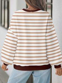 SHEIN LUNE 女士休闲简约条纹圆领长袖宽松卫衣，适合秋冬季节穿着，纽约秋季条纹长袖女装 - 棕色 - 查看 2