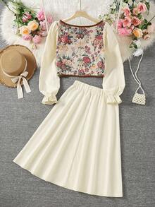 SHEIN 少女法式优雅提花拼接泡泡袖衬衫和 A 字中长裙套装 - 杏色 - 查看 2