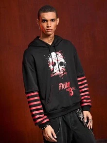 ROMWE MEN Friday the 13th X ROMWE Herren Pullover mit Buchstaben- und Masken-Grafik, Tasche, Kordelzug, 2 in 1 Kapuzenpullover, Herbst - Schwarz - Übersicht 6
