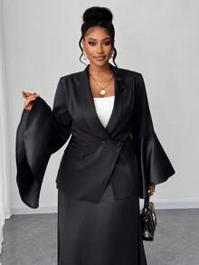 Maweii 大码优雅纯色喇叭袖西装外套 - 黑色 - 查看 5