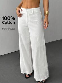 SHEIN PETITE 100%纯棉透气舒适女阔腿西装裤休闲风白色阔腿裤女白色亚麻裤女夏季女裤白色裤子白色裤子阔腿女夏季裤子女白色正装裤 - 白色 - 查看 6