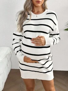SHEIN Maternity Casual Commuter Striped Pattern Drop Shoulder Loose Knit Sweater Dress, Autumn/Winter - Black and White - View 3