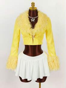 Y2K Amplova 女款卷毛翻领长袖皮草和皮革性感亮色飞行夹克，适合秋冬季派对和学校穿着 - 黃色 - 查看 8