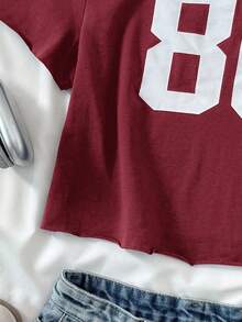 少女休闲红色针织标语露肩印花短款短袖修身上衣，春夏季清凉基础款日常百搭运动时尚夏季上衣，开学季校服~ - 紅色 - 查看 5