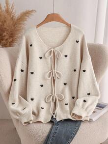 SHEIN CURVE+ Cardigan con motivo a cuore lavorato a maglia per donne taglie comode, maglione elegante alla francese, da indossare in autunno/inverno, fuori stagione