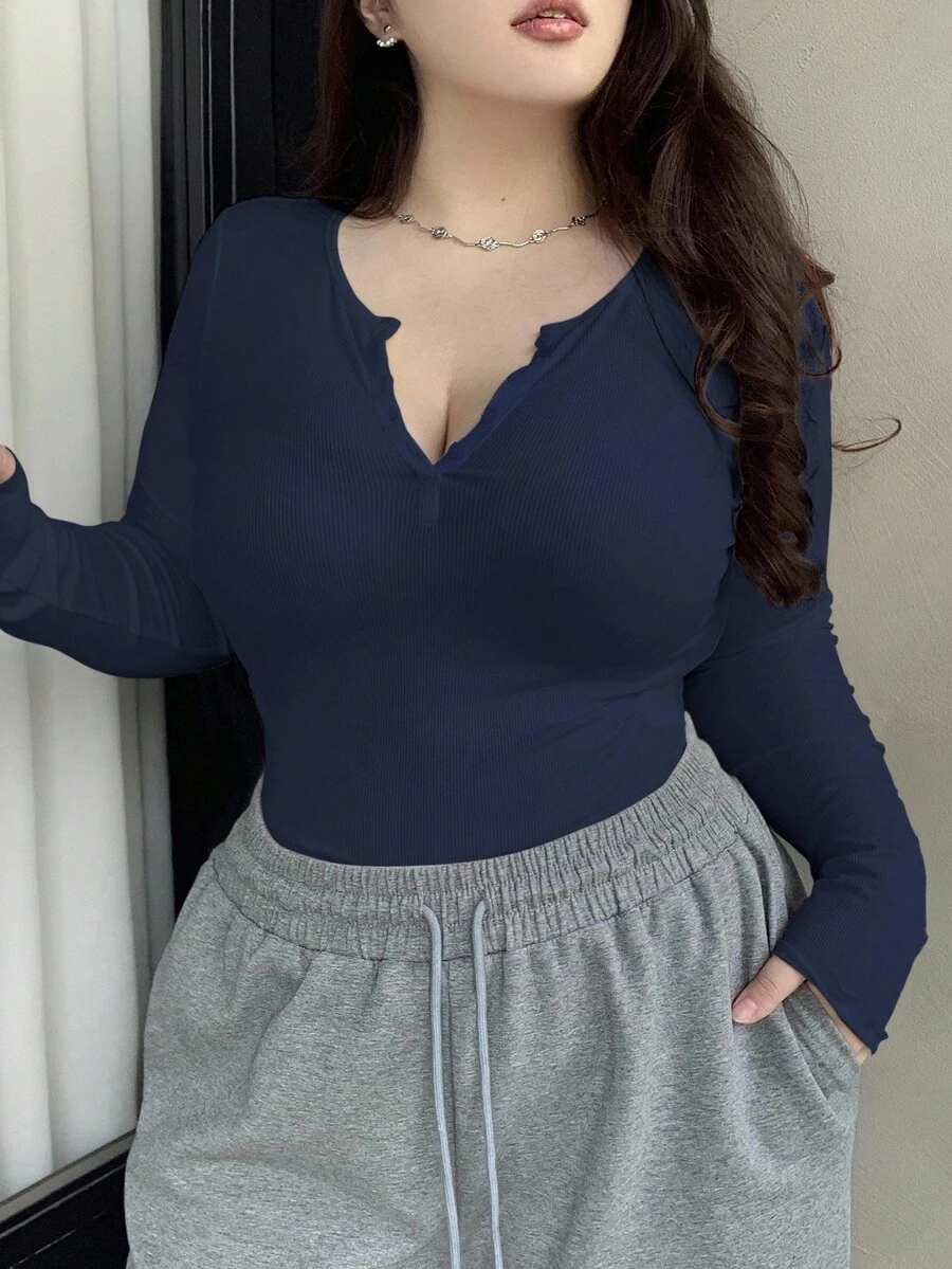 Dazy Plus Plus Size Women's Button Front Long Sleeve T-Shirt,Fall Clothes - Royal Blue - View 1