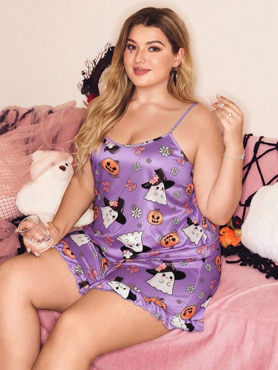 SHEIN بيجامة مجموعة مع ربطة عنق على شكل قرع الهالوين لأحجام كبيرة - متعدد الألوان - مشاهدة 1
