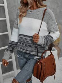 EMERY ROSE Women's Casual Contrast Color Drop Shoulder Round Neck Long Sleeve Sweater, Autumn/Winter - Grey - View 5