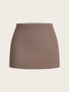 SHEIN Unity 女士两件套服装 V 领长袖上衣修身迷你裙套装秋冬秋季圣诞节 - 駝色 - 查看 3