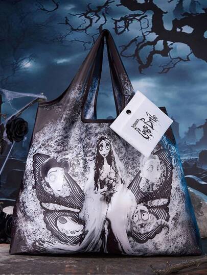 Corpse Bride X SHEIN 1 pieza Bolsa de compras plegable de poliéster con impresión de personaje de dibujos animados lindos, bolsa de tote con bolsillo adjunto, adecuada para bodas, gótico, amor, era victoriana, gótico, bolsas de Halloween, perfecta para fiestas elegantes, a juego con disfraces de Halloween