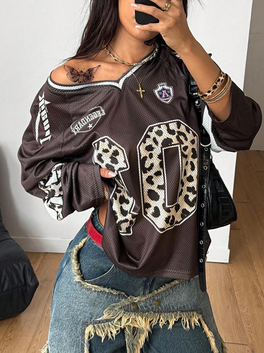 Coolane Women's Fall Streetwear Y2K Sport Leopard Print Number Graphic Football Long Sleeve V-Neck Jersey T-Shirt - Multicolor - View 1