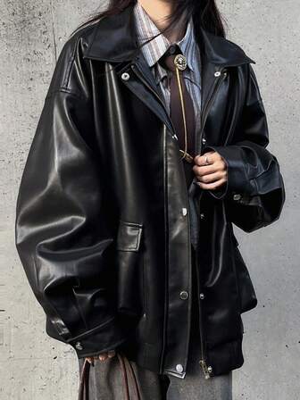 FRIFUL Women's Solid Color Drop Shoulder Long Sleeve Regular Lapel Loose Fit Jacket, Autumn Leather Jacket