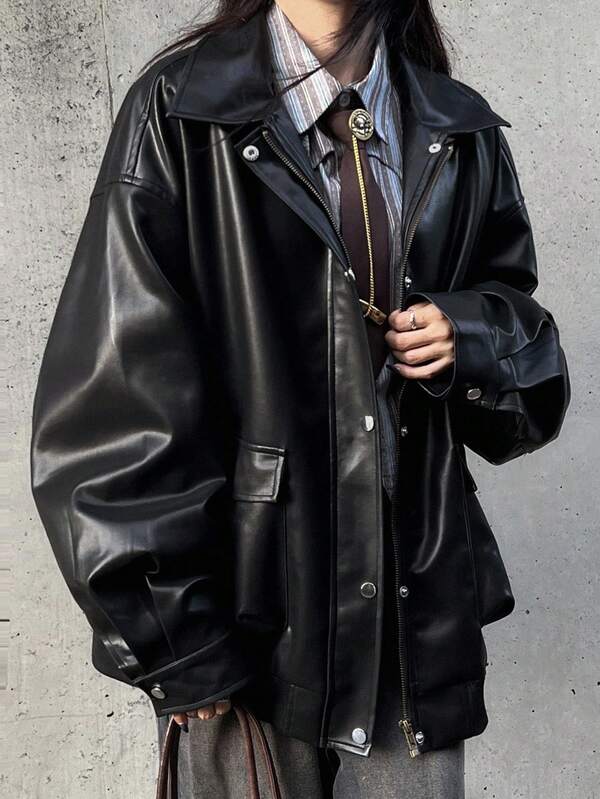 FRIFUL Veste ample à manches longues, col cranté, épaules tombantes, couleur unie, pour l'automne