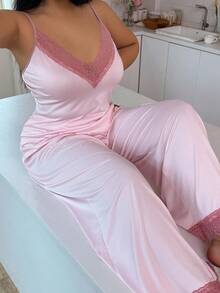 SHEIN 大码女式蕾丝拼布柔软舒适吊带背心和裤子睡衣套装