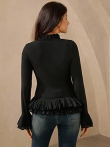 Wildy Romantic Bohemian Ruffle Trim Black Long Sleeve Street Fashion T-Shirt Western Blouse Black Peplum Top Black Ruffle Blouse Women Western Tops Black Button Down Blouse - Black - View 6