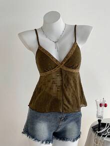 Comfortcana 女士优雅浪漫咖啡棕色刺绣吊带背心 - 咖啡棕 - 查看 3