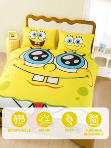 SpongeBob SquarePants | SHEIN 3 件套卡通图案羽绒被套，拉绒材质，柔软温暖，黄色羽绒被套，多种尺寸适合单人床/双人床/大号床/特大床