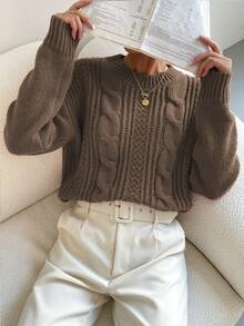 Chiquease Cable Knit Drop Shoulder Sweater,Long Sleeve Tops Knit Pullover Fall Winter Outfit - Khaki - View 5