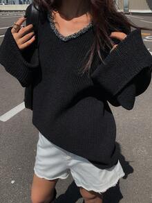 Livesso Women's Loose V-Neck Long Sleeve Casual Elegant Patchwork Lace Knit Sweater, Autumn/Winter - Black - View 2