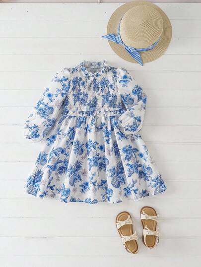 Joliand Joliand 1 件年轻女孩优雅都市可爱蓝色菠萝花卉图案泡泡袖长袖连衣裙，适合聚会、郊游、婚礼、派对、夏季、秋季