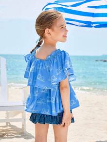 Joliand Joliand 1 pieza Blusa holgada de niña joven con patrón azul anudado de estilo urbano elegante, adecuada para uso casual, diario, salidas, hogar, playa, verano