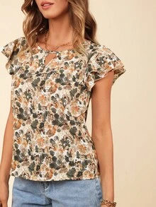 Coeurva 夏季花卉印花鑽石領襯衫,帶荷葉邊袖子 - 彩色 - 查看 4