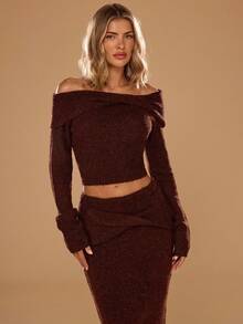 SHEIN BAE Áo len crop dáng ôm, màu trơn thanh lịch, hở vai, thích hợp cho nữ mùa thu, áo len mùa thu, áo len nữ mùa đông, áo len Halloween, áo len Giáng sinh, áo hở vai, áo len hở vai, áo kiểu dễ thương, áo sinh nhật cho nữ, áo len màu nâu. - Cà phê nâu - Xem 1