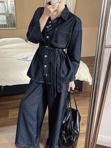 Livesso Women's Cotton Turn-Down Collar Long Sleeve Navy Blue Button-Up Denim Shirt With Wide Leg Pants Outfit Autumn Everyday Casual Streetwear - Navy Blue - View 3