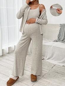 SHEIN 三件套孕妇装：纯色长袖外套、吊带背心和可调节腰围长裤，休闲装 - 杏色 - 查看 9
