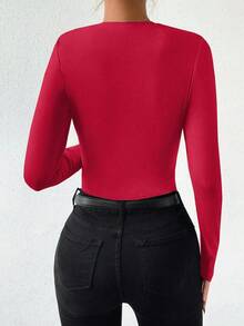 Zolique Women's Solid Color Stand Collar Raglan Sleeve Ruched Bodysuit - Red - View 2