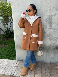 SHEIN 少女纯色短款加绒双口袋保暖中长连帽休闲外套，秋冬外套，少女抓绒外套，彼得潘风格 - 棕色 - 查看 5